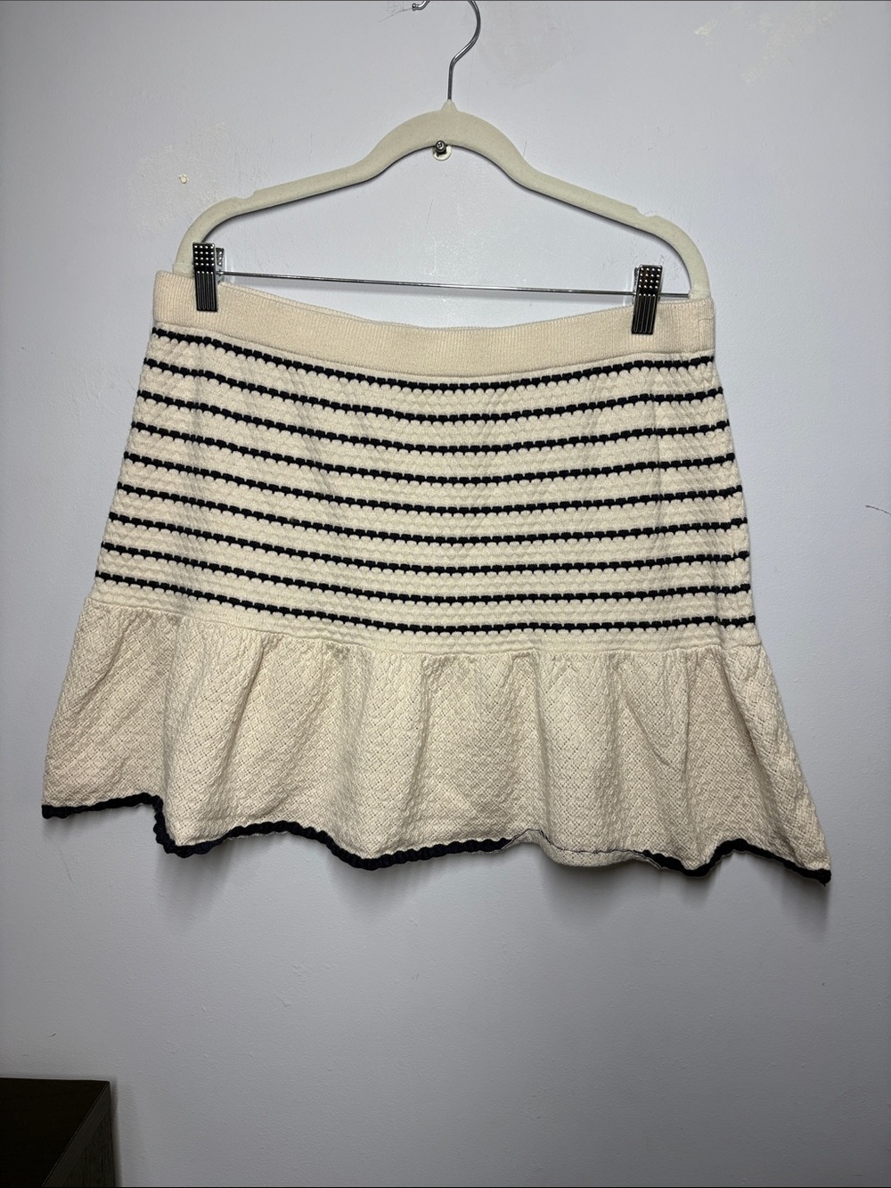 Freshman Ivory and Navy Black Striped Ruffle-Hem Mini Skirt